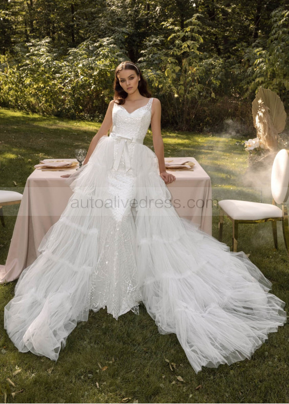 Ivory Glitter Lace Luxurious Wedding Dress With Detachable Tulle Train